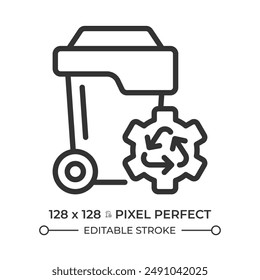 Waste management pixel perfect linear icon. Pollution reduce. Trash disposal can. Resource management, sorting. Thin line illustration. Contour symbol. Vector outline drawing. Editable stroke