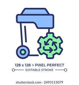 Waste management pixel perfect RGB color icon. Pollution reduce. Trash disposal can. Resource management, sorting. Isolated vector illustration. Simple filled line drawing. Editable stroke