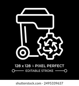 Waste management pixel perfect white linear icon for dark theme. Pollution reduce. Trash disposal can. Resource management. Thin line illustration. Isolated symbol for night mode. Editable stroke