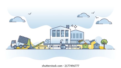 Concepto de planta de gestión de residuos y de planta de procesamiento de residuos. Producción de biomasa a partir de la ilustración vectorial del reciclado de basura. Separación y separación industrial del transporte de camiones a fábricas