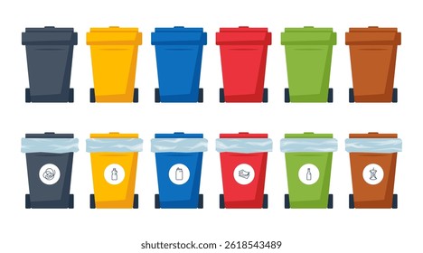 Waste management. Recycle bins for trash separation. Colorful containers for mixed, plastic, metal, paper, glass, organic garbage. Rubbish segregation concept. Vector isolated on a white background