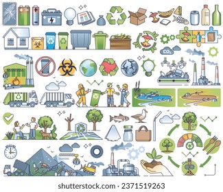 Waste management, recycling and garbage disposal in outline collection set. Elements with sustainable resource separation for efficient plastic, paper and glass trash separation vector illustration.