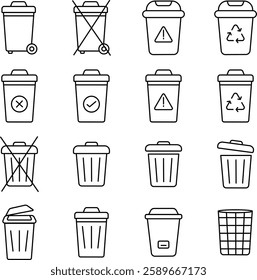 Waste Management and Recycling Icons, Trash Bins, Disposal, and Sustainability Symbols.