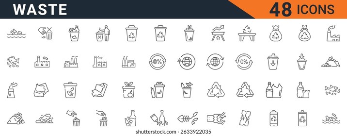 Waste Management and Recycling Line Icons, Environmental Protection, Garbage Sorting, and Pollution Outline Vector Symbols