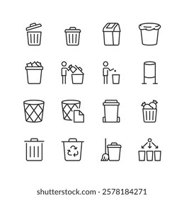 Waste Management and Recycling, linear style icon set. Waste disposal and sorting, including trash bins, recycling bins, and waste segregation processes. Editable stroke width