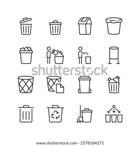 Waste Management and Recycling, linear style icon set. Waste disposal and sorting, including trash bins, recycling bins, and waste segregation processes. Editable stroke width