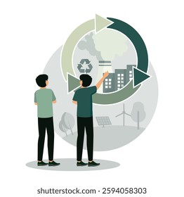  waste management and recycling. People discussing recycling, pollution reduction, and renewable energy. Flat vector modern illustration 