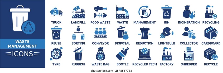 Waste management review icon set. Containing truck, landfill, food waste, waste, bin, reuse, sorting and more. Solid vector icons collection