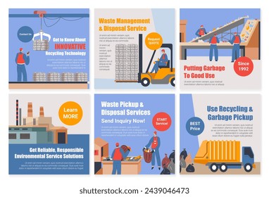 Waste management service advertising at post set. Social media web page collection, man worker character work with equipment. Innovate recycling technology promo at network design