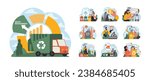 Waste Management set. Comprehensive approach to trash handling. Segregation, composting, recycling, incineration. Materials Recovery, waste-to-energy processes. Flat vector illustration