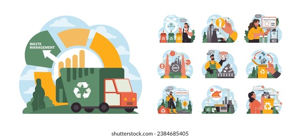 Conjunto de gestión de desechos. Enfoque integral para el manejo de la basura. Segregación, compostaje, reciclado, incineración. Recuperación de materiales, procesos de desecho a energía. Ilustración vectorial plana