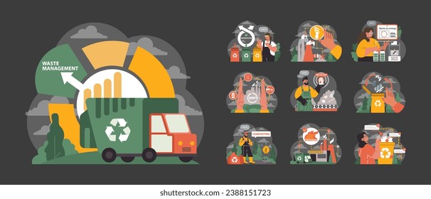 Waste Management set. Comprehensive approach to trash handling. Segregation, composting, recycling, incineration. Materials Recovery, waste-to-energy processes. Flat vector illustration