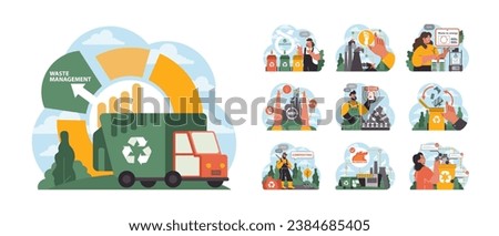 Waste Management set. Comprehensive approach to trash handling. Segregation, composting, recycling, incineration. Materials Recovery, waste-to-energy processes. Flat vector illustration