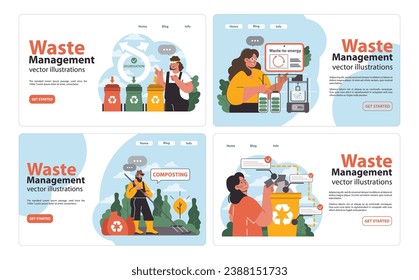 Waste Management set. Dedicated professionals teach eco-practices. Segregation bins, composting, waste-to-energy techniques. Active recycling, eco-conscious decisions. Flat vector illustration