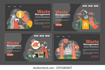 Conjunto de gestión de desechos. Las ilustraciones muestran emisiones de CO2, pasos de reciclado, proceso de incineración y recuperación de materiales. Control de la contaminación, eliminación responsable, esfuerzos ecológicos. Vector plano