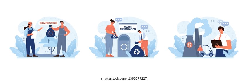Conjunto de gestión de desechos. Personas que promueven hábitos ecológicos. Compostaje de materiales orgánicos, minimización de residuos, control de emisiones industriales. Trabajo en equipo dedicado a un futuro verde. Vector plano