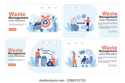 Waste Management set. Innovative solutions for trash disposal. Urban recycling, waste minimization efforts. Engaged citizens, eco-friendly behaviors. Cityscape backdrop. Flat vector illustration