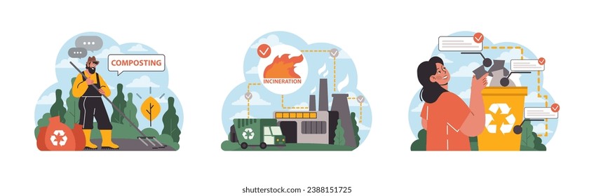 Waste Management set. Proactive citizen composting, eco-friendly disposal via incineration, and a woman recycling responsibly. Sustainable practices in urban settings. Flat vector illustration