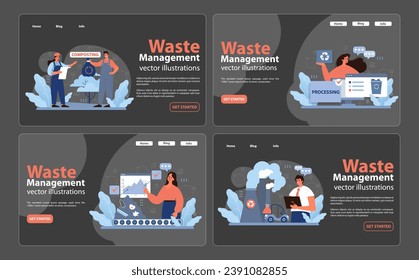 Waste Management set. Professionals tackle composting, monitor data charts, and address pollution. Composting guidance, data analysis, factory emissions. Flat vector illustration