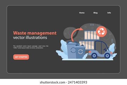 Waste management in sustainable cities showcased by a truck collecting sorted trash. Efficient recycling and garbage disposal practices for urban living. Flat vector illustration