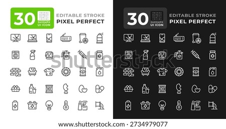 Waste management system line ui icon set for light and dark mode. Recycling and sorting of litter. Conservation. Vector outline symbols iconography. User interface elements linear, pixel perfect