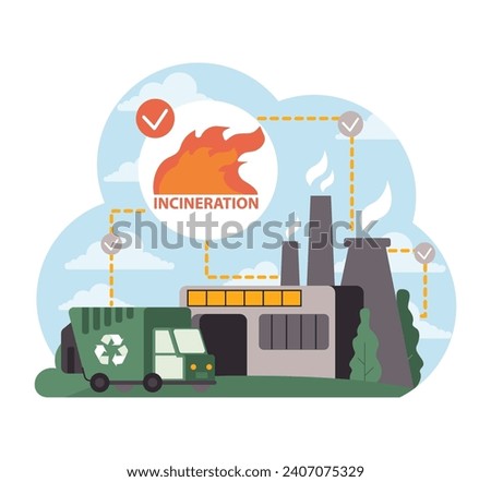 Waste management through incineration. Recycling truck near an industrial plant with flames, emphasizing the incineration process. Efficient waste disposal method. Flat vector illustration