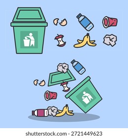 Waste Management Trash Bin with Mixed Garbage. Ideal for recycling posters, waste management projects, eco awareness materials, and environmental education.