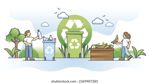 Gestión de residuos como separación de basura para el concepto de esquema de reciclado de materiales. Botellas plásticas y recipientes biodegradables de compost alimentario como ilustraciones vectoriales de eliminación respetuosas con el medio ambiente y la naturaleza