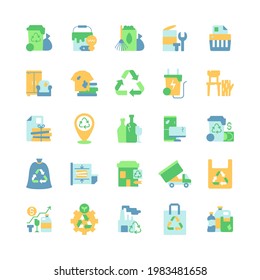 Waste management vector flat color icon set. Residential waste collection. Paper shredding. Bulky refuse. Cartoon style clip art for mobile app pack. Isolated RGB illustration bundle