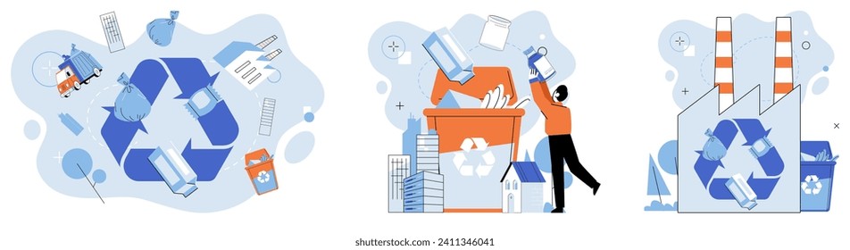 Waste management. Vector illustration. Ecological awareness inspires responsible waste management behaviors Junk materials can be transformed through recycling initiatives Waste management is crucial