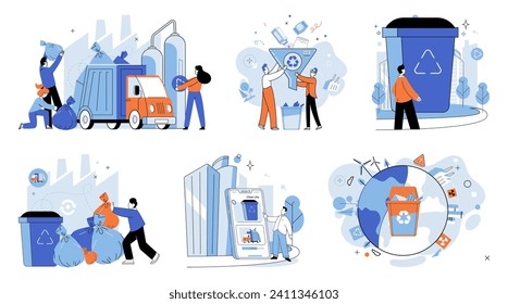 Gestión de desechos. Ilustración vectorial. La metáfora de la gestión de los desechos pone de relieve la importancia de un consumo y un reciclado responsables La basura, si no se gestiona adecuadamente, puede contribuir a la contaminación y al daño