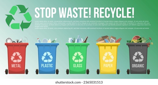 Waste management vector illustration. Stop waste recycle grbage sorting banner with copy space