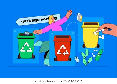 Concepto web de gestión de residuos con escena de personajes. Mujer recolectando y separando basura para diferentes papeleras para reciclar. La gente se encuentra en un diseño plano. Ilustración vectorial para material de comercialización.