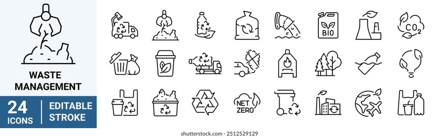 Waste Management web line icon. Recycling waste. Garbage disposal. Trash separation, waste sorting with further recycling. Editable stroke