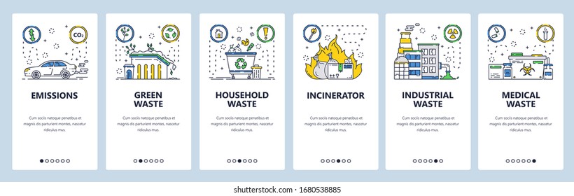 Waste Management Web Site And Mobile App Onboarding Screens. Menu Banner Vector Template For Website And Application Development. Greenhouse Gas Emissions, Industrial, Medical Waste. Thin Line Art.