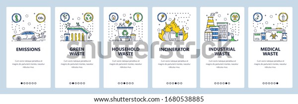 Waste management web site and mobile app onboarding\
screens. Menu banner vector template for website and application\
development. Greenhouse gas emissions, industrial, medical waste.\
Thin line art.