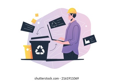 Waste manager, separation of waste on garbage cans for recycling vector illustration. City cleaning, urban business. Waste management