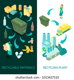 Instalaciones de clasificación y conversión de plantas de reciclado 2 banderas isométricas verticales colocadas en ilustración vectorial aislada 