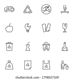 Waste material line icons set, rubbish outline vector symbol collection, linear style pictogram pack. Signs, logo illustration. Set includes icons as organic waste, garbage, litter, glass, plastic bag