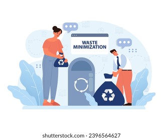 Waste Minimization in Action concept. Individuals diligently segregate trash, emphasizing the importance of reducing waste. Eco-conscious choices, proper disposal. Flat vector illustration.