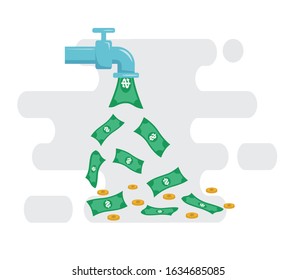 Waste of money concept. Dollar bills flying out of money faucet , vector illustration