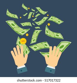 Waste of money concept. Dollar bills flying out of hands. Concept of a careless waste of money bankruptcy, waste. Flat vector cartoon money illustration. Objects isolated on a white background.