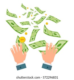 Waste of money concept. Dollar bills flying out of hands. Concept of a careless waste of money bankruptcy, waste. Flat vector cartoon money illustration. Objects isolated on a white background.