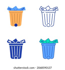 Waste of money icon set in flat and line style. Wastefulness symbol. Trash can full of dollar banknotes. Vector illustration.