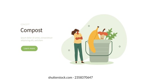 Waste organization. Character using organic bio waste bin to composting biodegradable garbage. Home composting concept. Vector illustration.