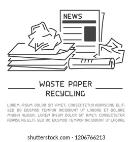 Waste paper information banner. Line style vector illustration. There is place for your text