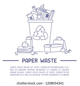 Waste paper information booklet. Line style vector illustration. There is place for your text