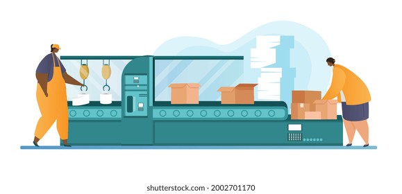 Waste Paper Recycling Factory. The woman puts the paper on the conveyor. A man lays out rolls of paper. Taking care of the environment. Cartoon flat vector illustration isolated on a white background