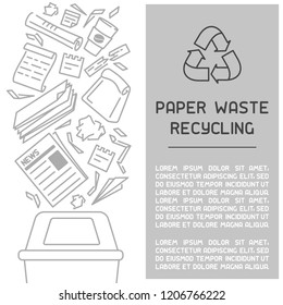 Waste paper recycling information  leaflet. Line style vector illustration. There is place for your text