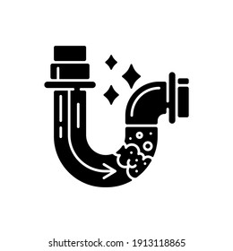 Waste pipes cleaning black glyph icon. Professional plumbing, housekeeping chore. Water pipes maintenance service silhouette symbol on white space. Plumber occupation. Vector isolated illustration